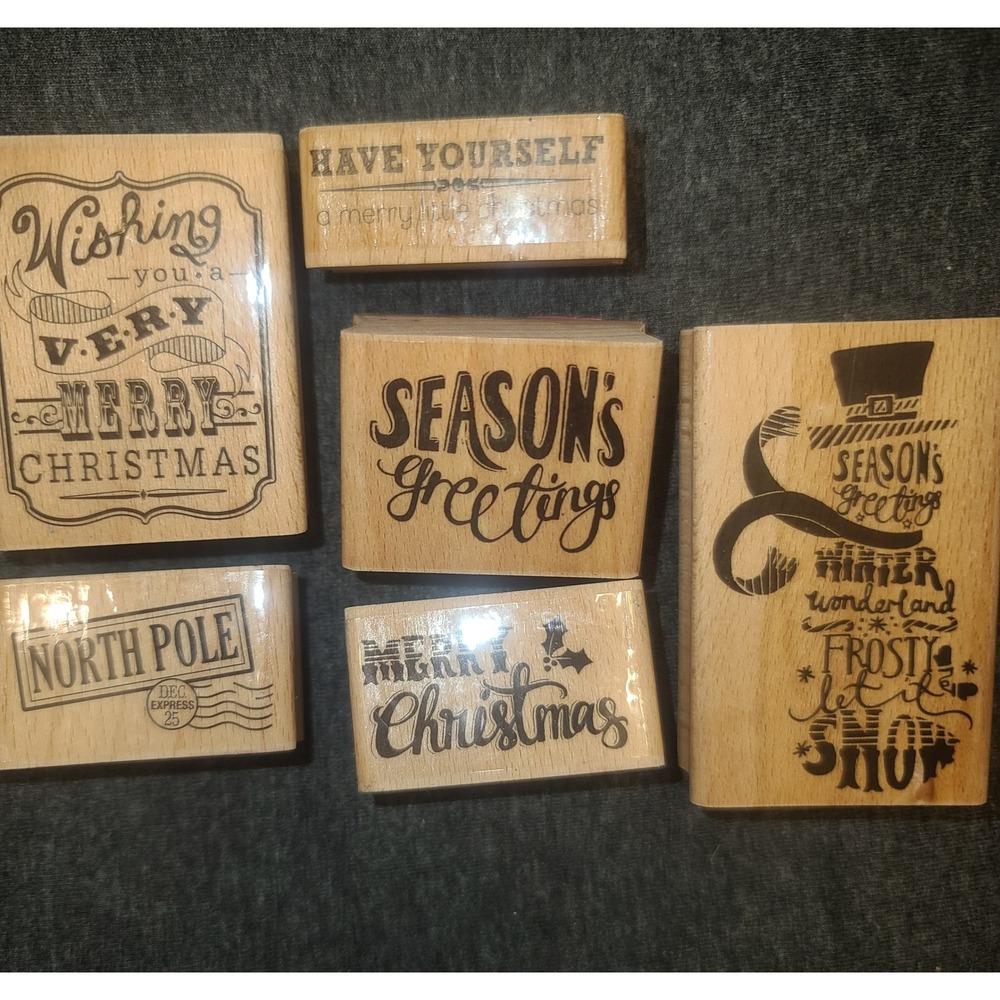 Doodle Stamp & Tag Set 6pc Christmas Wood Mounted Rubber Stamps Holiday 2020